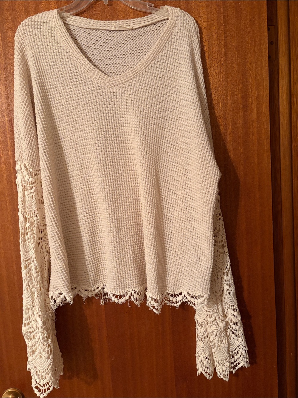 V-Neck Crochet Bell Sleeve Pullover - Cream